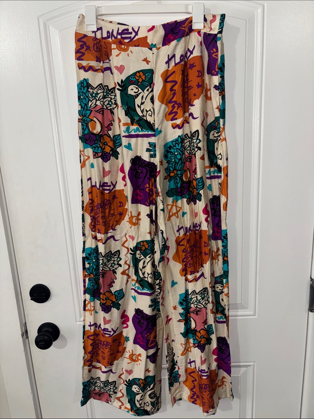 Wide Leg Printed Palazzo Pants in Cream with Teal & Purple